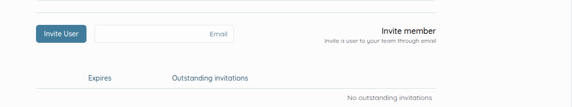 قسم Invite member في إعدادات الفريق: حقل البريد وزر Invite User وجدول الدعوات المعلقة